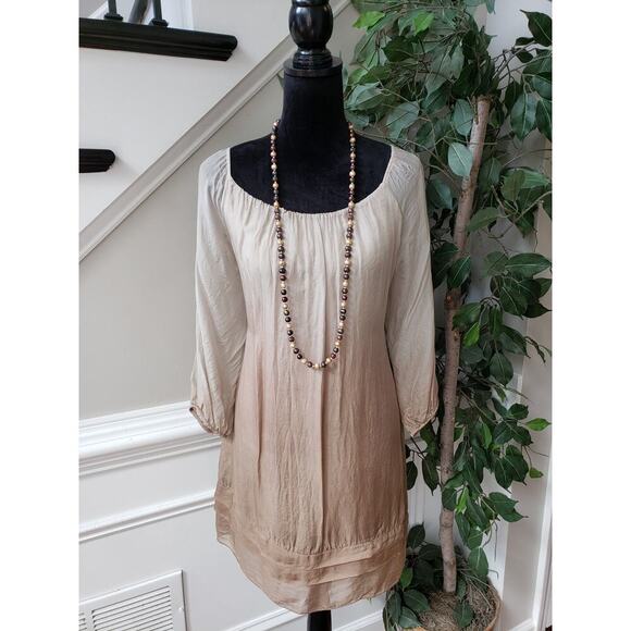 Prontomoda Giusy Fit & Flare Dress Womens S Beige Ruffled Pleated Balloon Sleeve - Picture 1 of 13